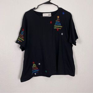 Michael Simon Light Black with Colorful Embroidered Tree and Star Print Tshirt